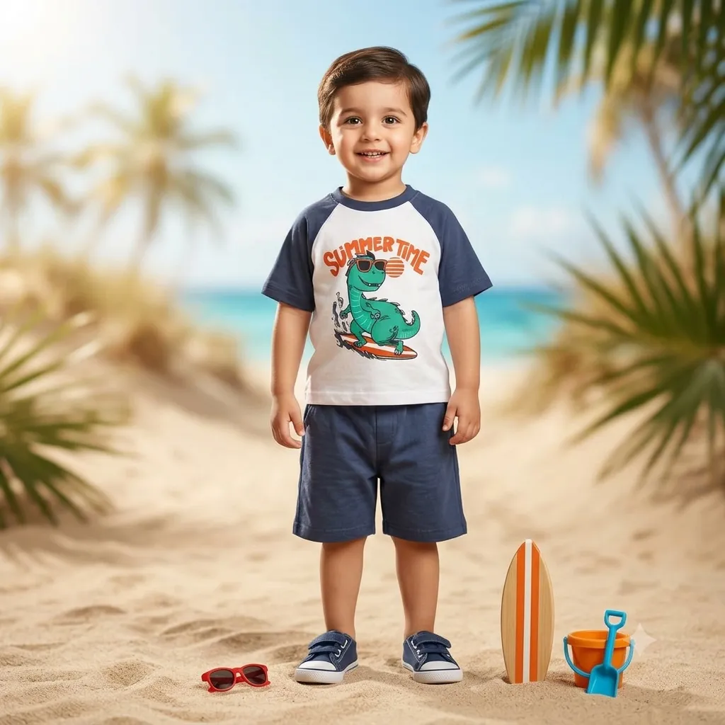 Kids Summer Clothing Set with Dinosaur Graphic T-Shirt and Navy Blue Shorts