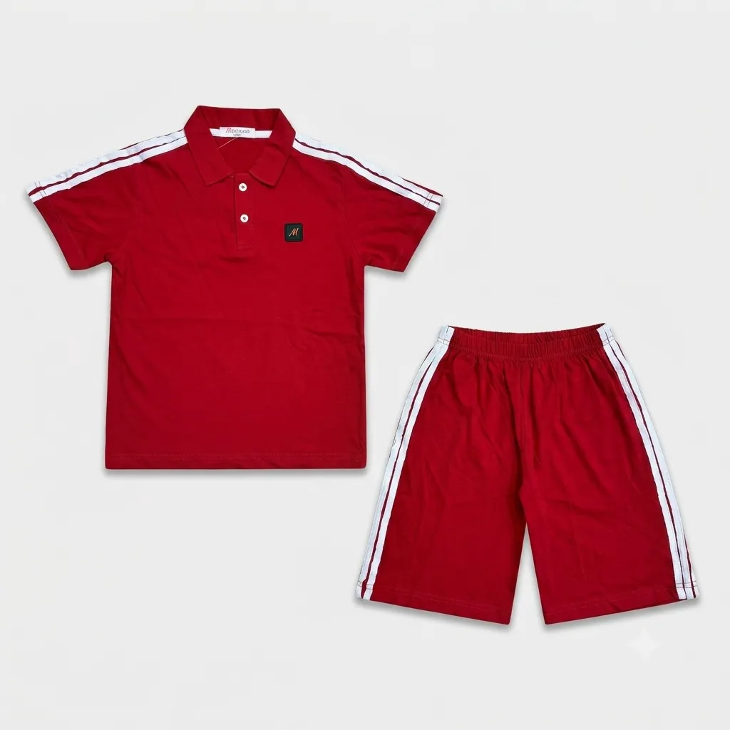 Red Polo Shirt and Shorts Set with Black Stripes