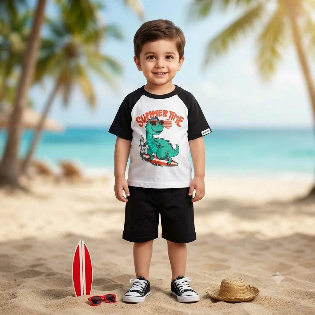 Kids Summer Outfit with Dinosaur Surfing T-Shirt and Black Shorts