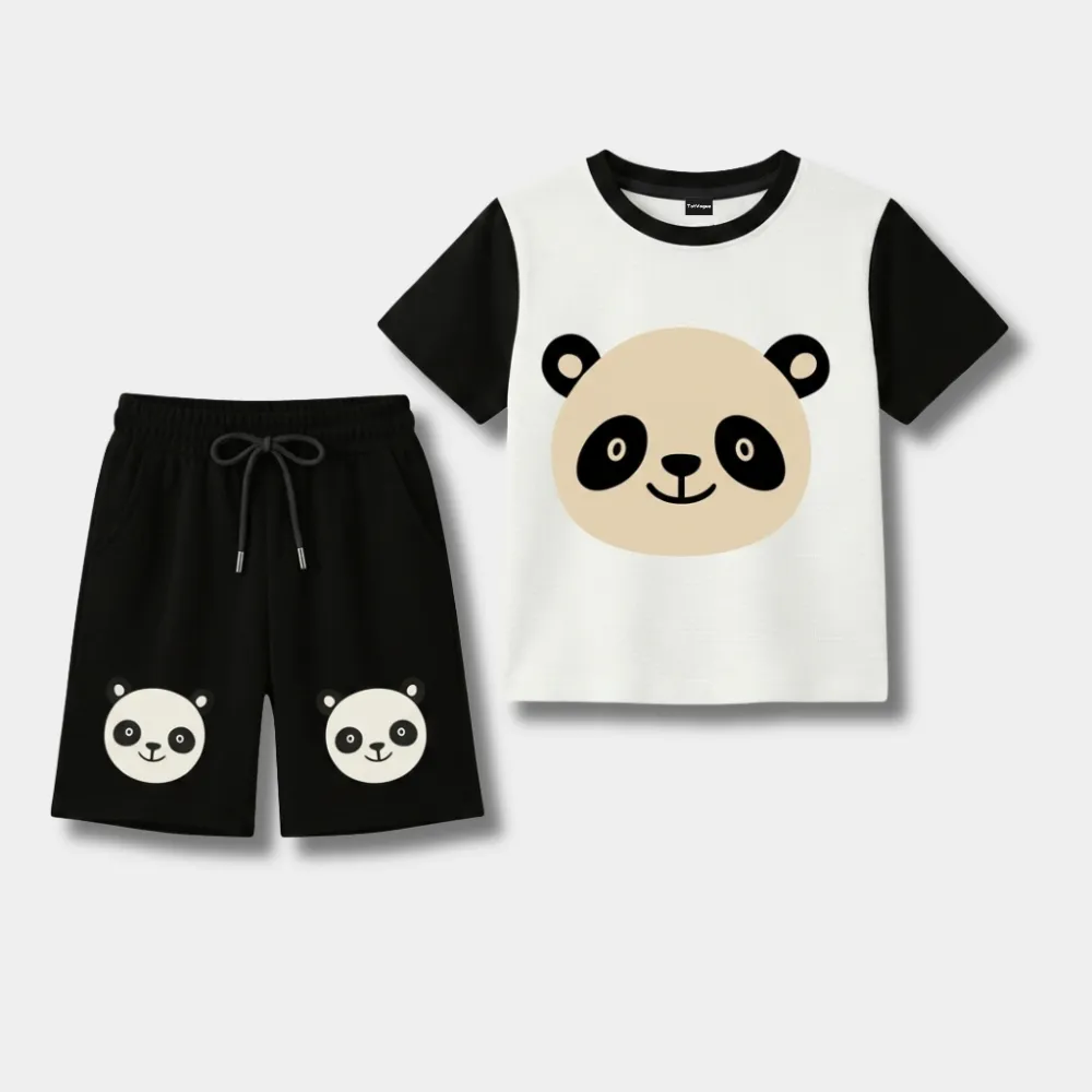 Panda Bear Kids Outfit Black Shorts and White T-Shirt