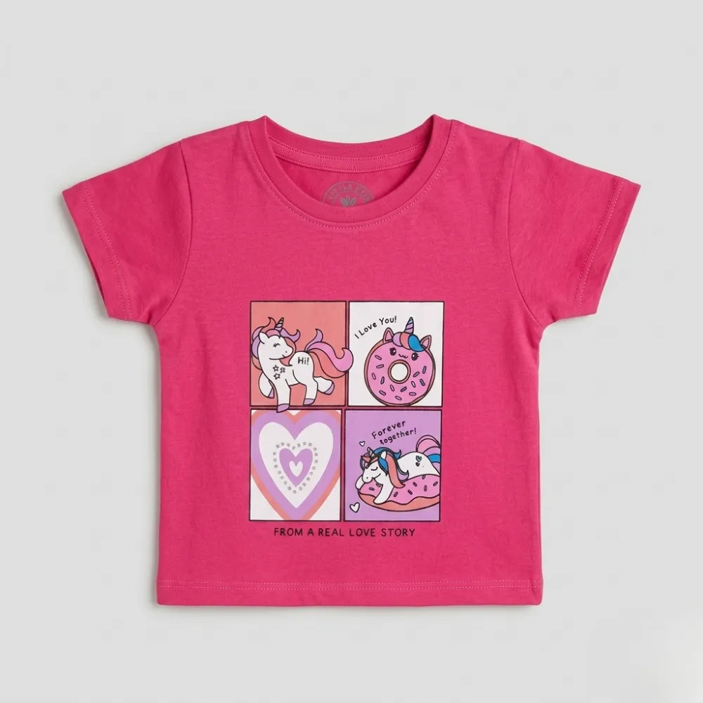 Pink Baby T-Shirt with Unicorn and Donut Love Story Graphic
