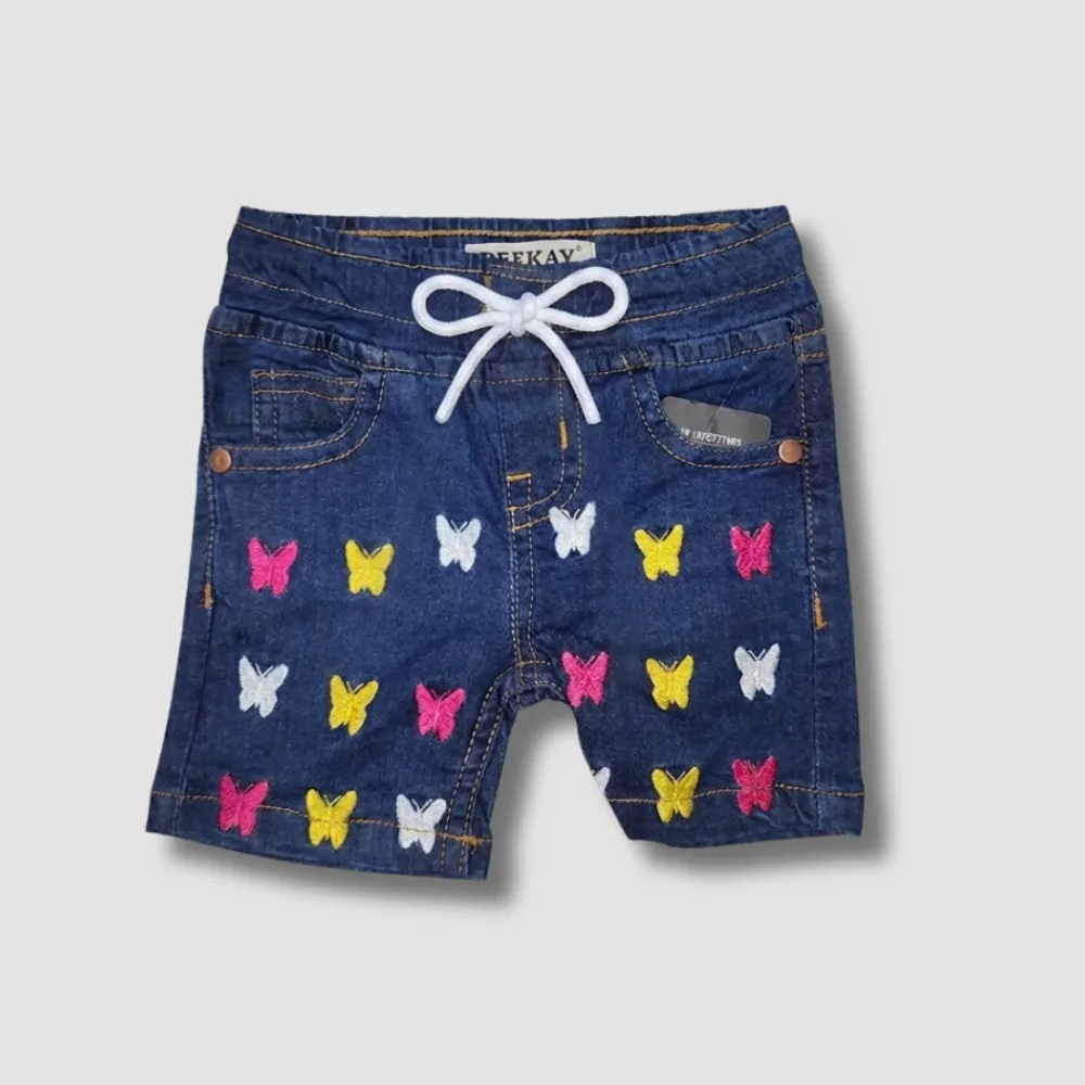 Girsl Denim Shorts with Colorful Butterfly Embroidery