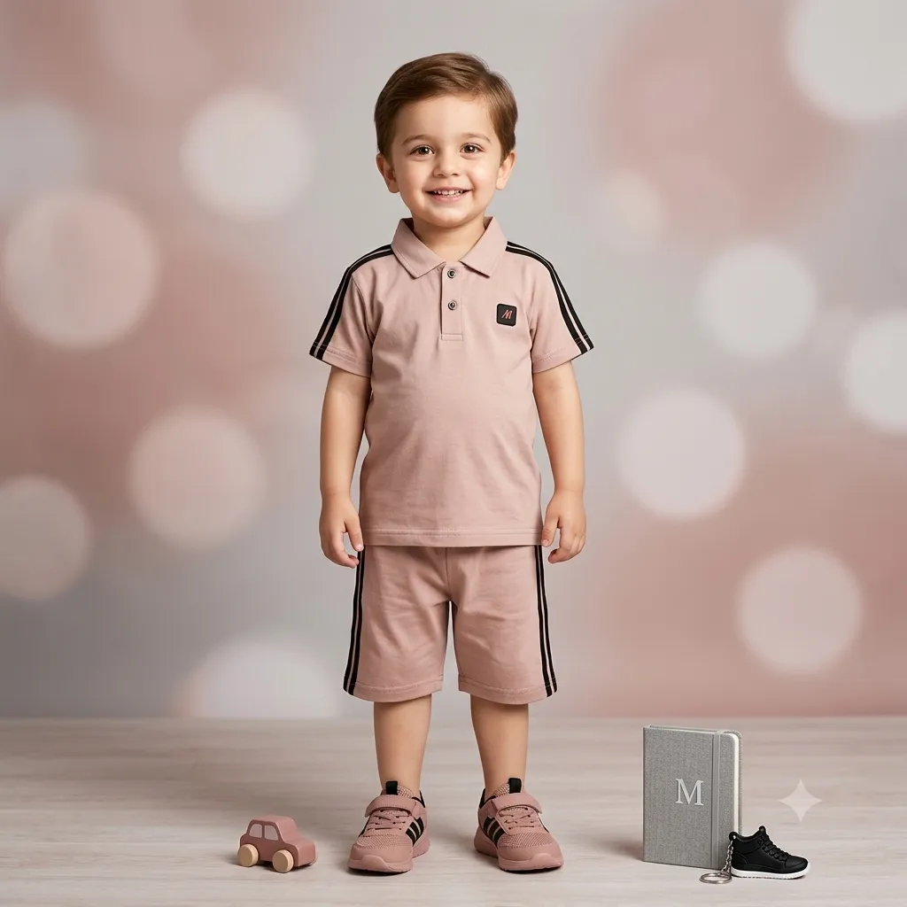 Beige Polo Shirt and Shorts Set with Black Stripes