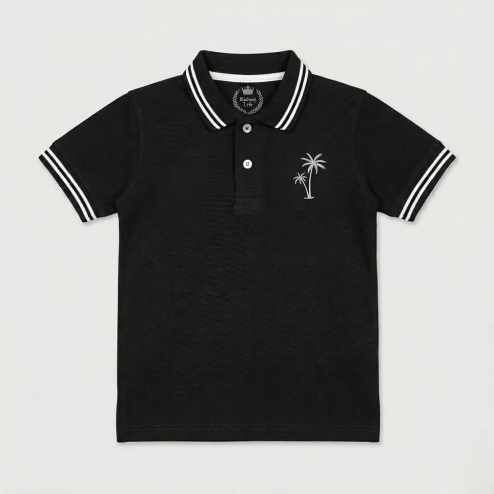 Black Kids Polo Shirt with Palm Tree Embroidery