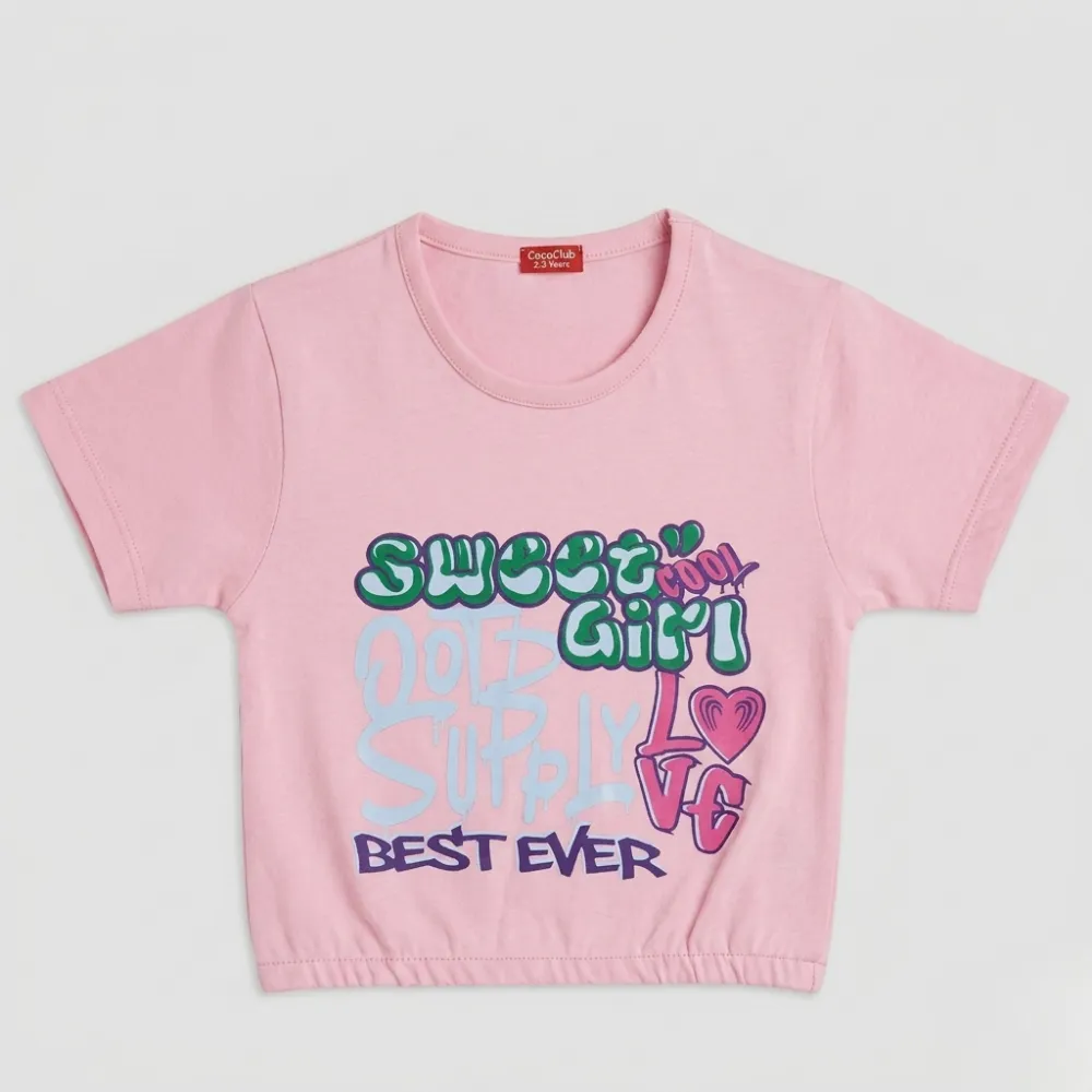 Cropped Pink T-Shirt with Fun Graffiti Design